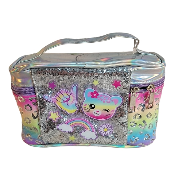 Hot Focus Girlz Beauty Cosmetic Bag Leopard Print Rainbow Lisa Frank Vibes NWOT - Picture 1 of 7
